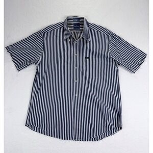 Faconnable Mens Large Navy Blue White Striped Short Sleeve Button Down Shirt
